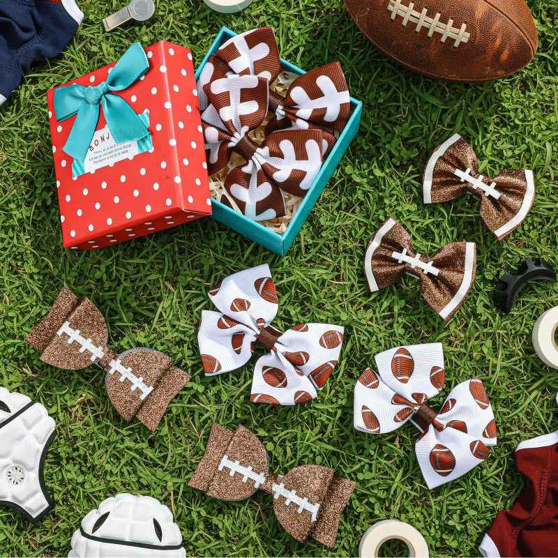 Suncalla 8 Pcs Football Hair Bow Clips Brown and White Cheer Football Bow Hair Clips Glitter Sports Game Clothing Bowknot Accessories Supplies Women Party Outfit - Image 3